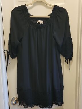 LOFT Black Peasant Dress with Lace Hem